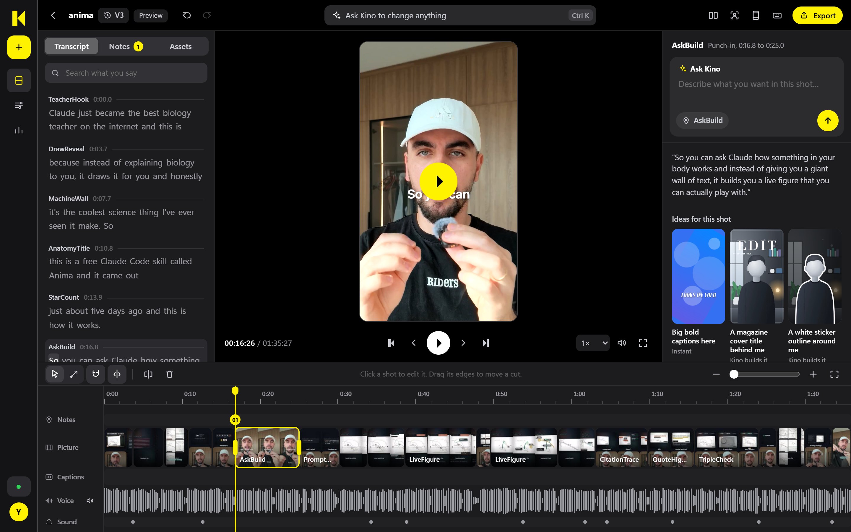 The KinoCut editor: transcript, the reel, Ask Kino with ideas for the selected shot, and the timeline